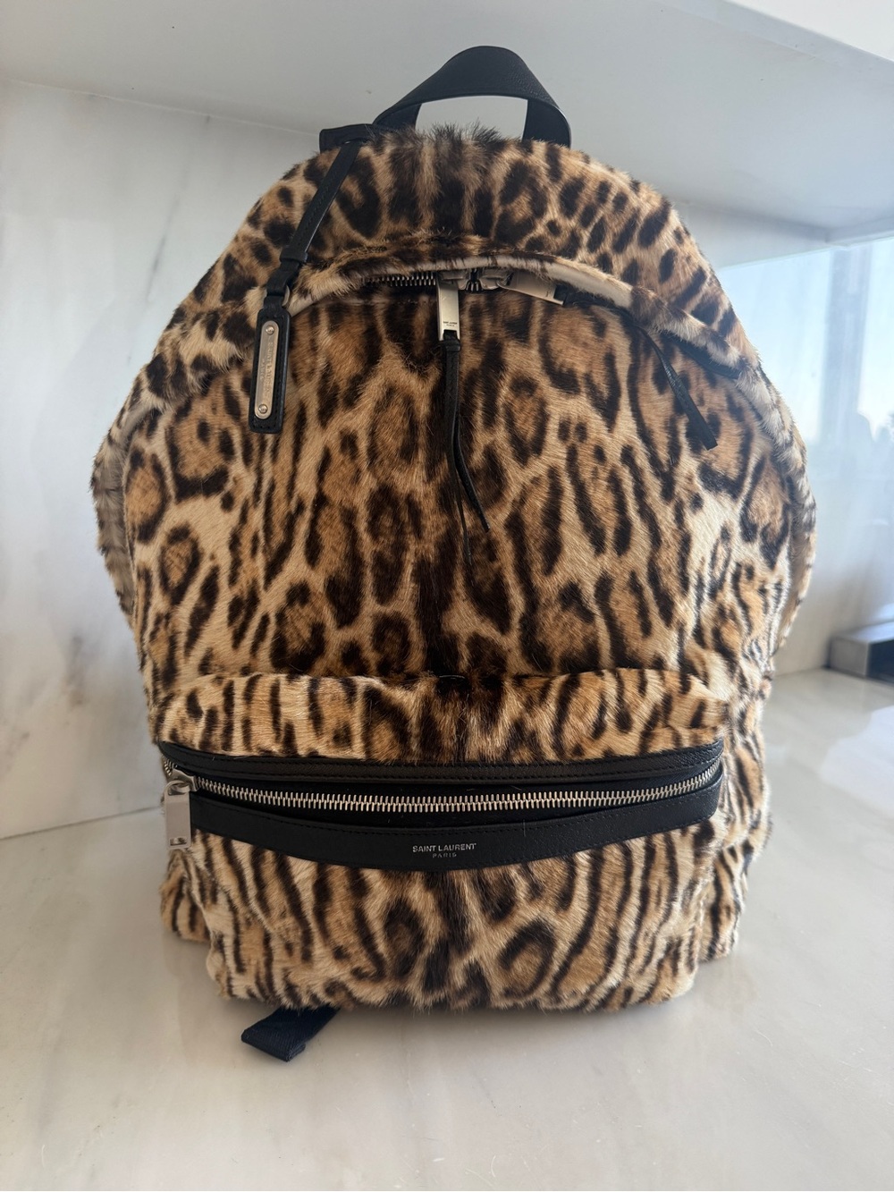 Saint Laurent Leopard Print Fur Backpack - Brown - Picture 1 of 7